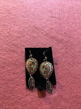 Kokopelli Feather Drop Earrings in Brown and Copper Tones